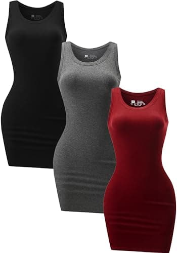 Image of Chongbaijia 3 Pack Summer Dresses for Women 2026 Ribbed Crewneck Tank Top Dress Sleeveless Sundress Basic Bodycon Mini Dress, Black/Gray/Red, L