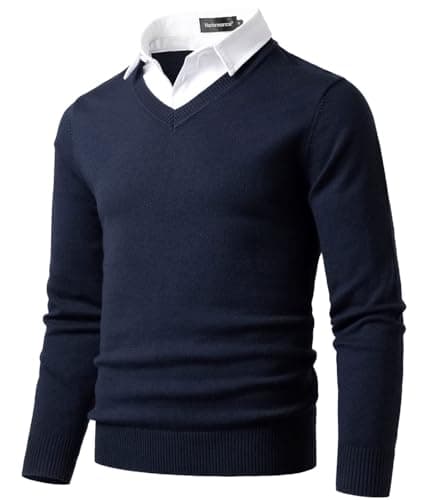 Image of Harbrosrce Men's Mock Shirt Collar Jumper V-Neck Sweater Long Sleeves Knitted Pullover Casual Business Basic Knitwear