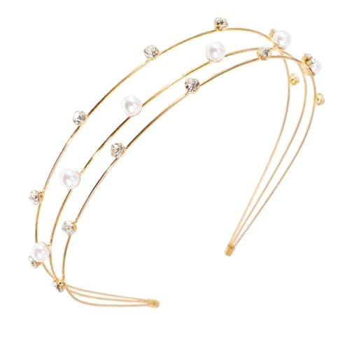 Image of scicent Three Layer Hairband White Faux Pearl Headband Sparkly Diamond Head Bands Gold Metal Hair Bands Bridal Hair Hoop Party Wedding Hair Accessories for Women 23629