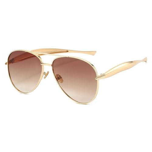Image of Long Keeper Retro Pilot Sunglasses for Women Men Gold Metal Oversized Aviation Sunglasses Trendy 70s Double Bridge Sun Glasses Anti UV400 Classic Vintage Shade (Gold Frame - Gradient Brown Lens)
