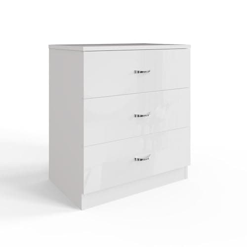 Image of FWStyle White Gloss 3 Drawer Chest of Drawers with Matt White Frame, Modern Bedroom Storage Cabinet with Large Drawers and Metal Handles, Contemporary Furniture Unit W60 x D40 x H68.5cm