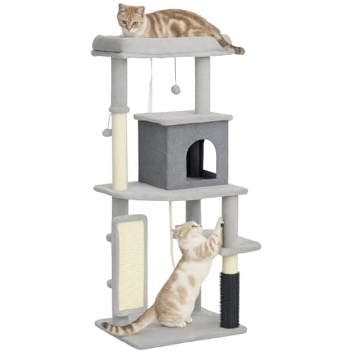 Image of PawHut Cat Tree for Indoor Kittens, 132cm Cat Tower with Scratching Posts and Pad, Bed, House, Jumping Platform, Grooming Brush, Toy Balls, Anti-Tip Kit, Cat Climbing Frame, Light Grey