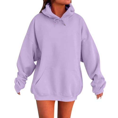 Image of Hoodies for Girls Womens Hoodies Oversized Ladies Casual Pullover Tops Long Sleeve Solid Color Hoodie Autumn Winter Sweatshirts with Pockets Cashmere Jumpers Ladies Light Purple