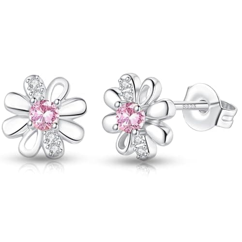 Image of DOA Daisy Sterling Silver Stud Earrings, Silver Earrings With Pink Zircondia Crystals, Flower Earring Jewellery Gifts For Girls