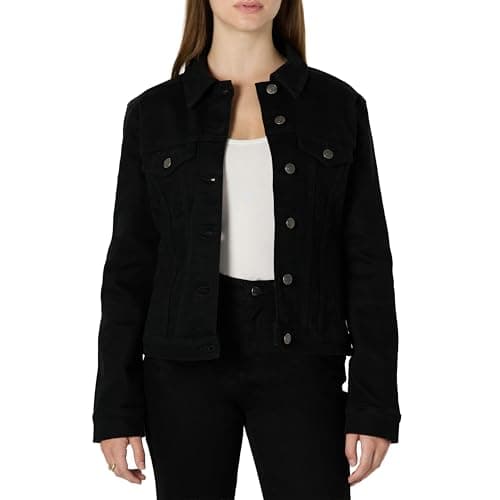 Image of Amazon Essentials Women's Regular-Fit Low Stretch Denim Button-Front Trucker Jacket, Black, M
