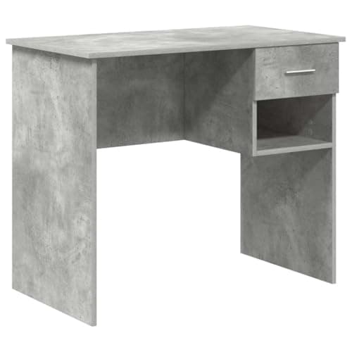 Image of RCODSSK Modern Writing Desk with Drawer, Concrete Grey Engineered Wood, 90 x 49 x 75 cm, Natural Wood Finish, Aluminum Handles for Home Office Study