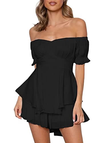 Image of Acrawnni Women Puff Sleeve Dress Off Shoulder Smocked Bodycon Mini Dress Casual Ruched Boat Neck Ruffled A-Line Flowy Short Dress (B-Black, S)