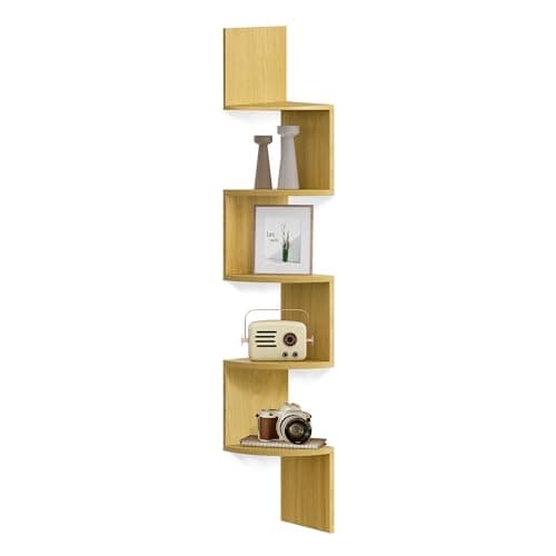 Image of VASAGLE 5-Tier Corner Shelf, Display Floating Shelf in Living Room, Study, Kitchen, Bedroom, for Plants, CDs, Decorations, Modern, Natural Oak LBC072Y70