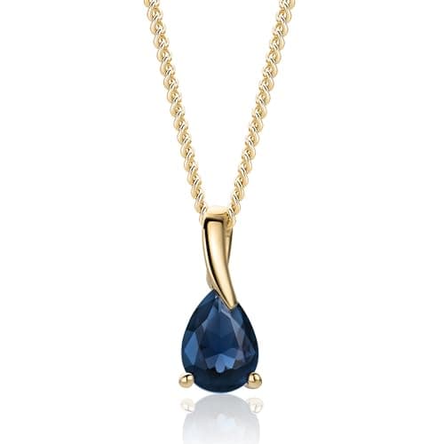 Image of Miore Pendant Necklace for Women, Pendant in 9ct 375 Yellow Gold with Pear Shape Blue Sapphire Gemstone on Gold Plated Silver Chain 45cm, Hypoallergenic Jewellery for Women, Delivered in Jewellery Box