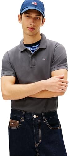 Image of Tommy Jeans Men's TJM Slim Placket Polo EXT DM0DM20676 S/S Polo, Grey (Washed Black), M