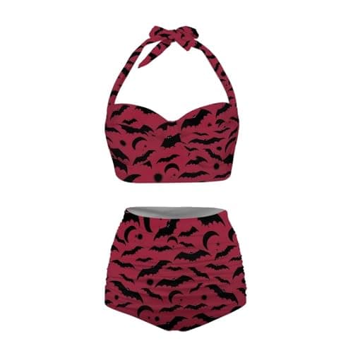 Image of Yuuxorilu Women Two Piece High Waist Bikini Set Halter Ruched High Waist Bikini with Bottom, Red Bat Sun Moon Print, Medium
