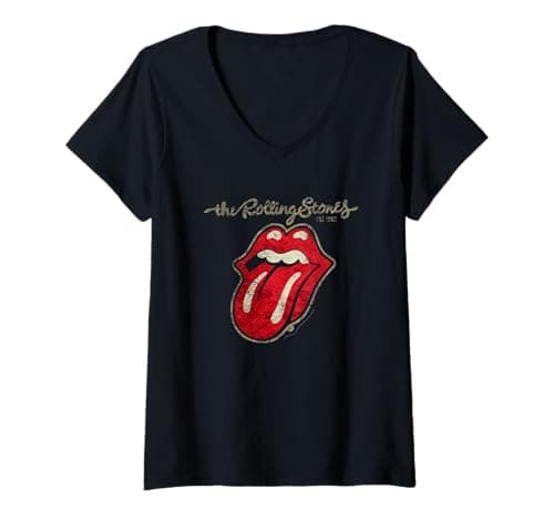 Image of Womens Official Rolling Stones Vintage Tongue Rock Band Music V-Neck T-Shirt