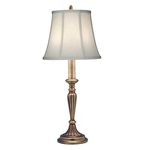 Image of Table Lamp - Tall Slim Stem - in - line On/Off Switch - Ivory Shadow Shade - Antique Brass - LED E27 60W Bulb