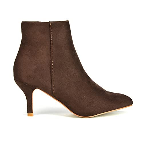 Image of ESSEX GLAM Womens Ankle Boots Low Mid Kitten Heels Ladies Zip Pointy Booties Shoes Size (Brown Faux Suede, numeric_4)