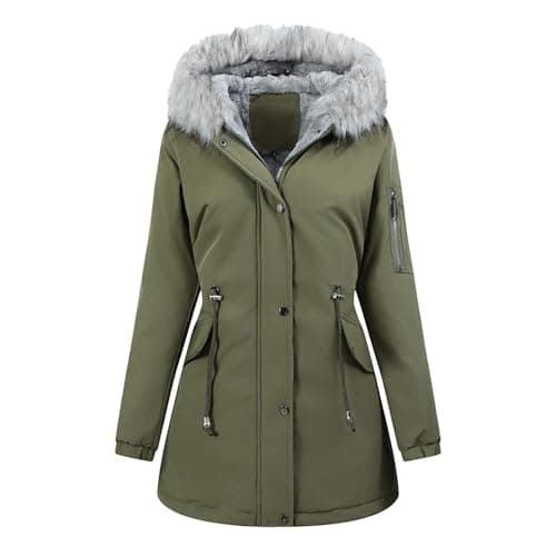 Image of Parka Jacket Womens Winter Warm Padded Long Coat with Faux Fur Trim Fleece Lined Jackets Hood Overcoat Thickened Longline Hoodies Outerwear with Pockets Waist Drawstring Parka Coats for Ladies