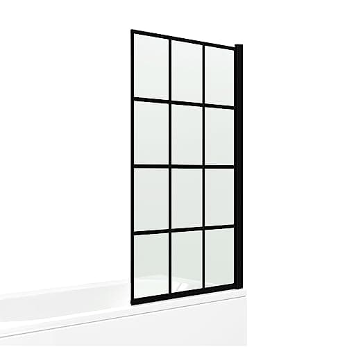 Image of iBathUK Framed Black Square Grid Shower Screen, Clear Tempered Glass Panel Bathroom Shower Screen, Safety Shower Tempered Glass Door for Bathroom Wet Room 800 x 1400mm