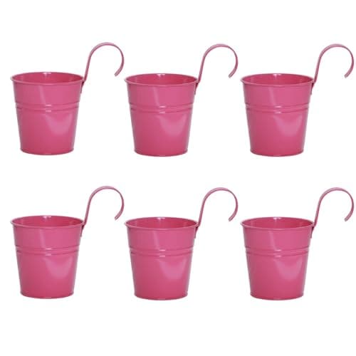Image of 6PCS Vintage Hanging Flower Pots Metal Iron Bucket Planter Plant Pots with Detachable Hook for Fence Balcony Garden Wall Home Decor Outdoor Patio, with Drainage Hole(Pink)