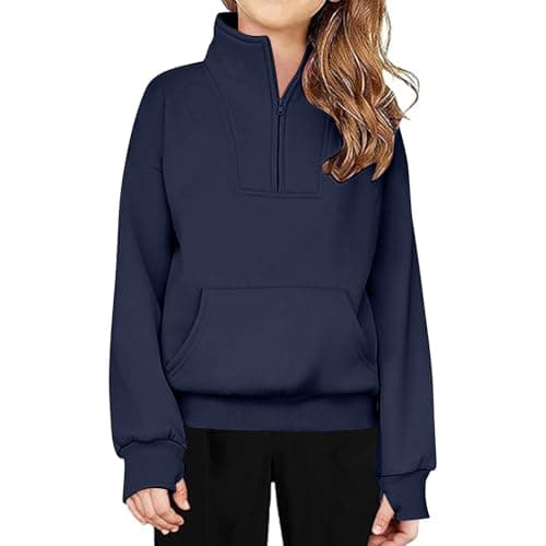 Image of duxyoz Navy Girls Half Zip Sweatshirt Pullover Jumper Tops For Teenage Girls Casual Fashion Pe School Jumper For Childrens Baggy Loose Fit 1/4 Zipper Sweatshirts With Pocket 5-6 Years
