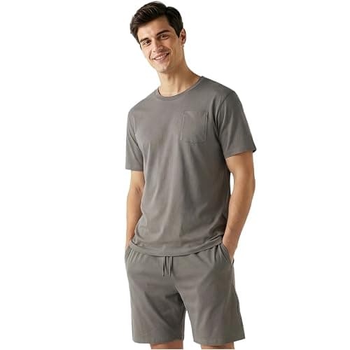 Image of Get Trend Men’s Pyjamas Sets M-5XL, Crew Neck Cotton T-shirts & Shorts Pj Set, Loungewear Tees & Short Bottoms, Soft & Comfy Nightwear (M, Charcoal)