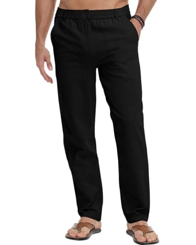 Image of LVCBL Mens Trousers Linen Beach Trousers Linen Pants Yoga Elastic Waist Black L