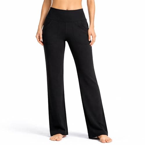 Image of Yu & Me PARIS Women High Waist Straight Leg Leggings with Pockets – Slim Fit Stretch Yoga Gym Trousers Comfortable Athleisure for Fitness Workout Wear (Black, M/L)