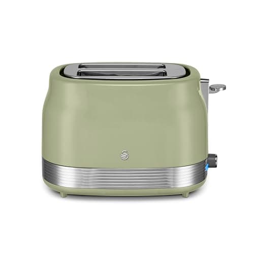 Image of Swan ST19028GRN Retro 2 Slice Toaster with 6 Browning Levels for Toast, Bagels, Breakfast Muffins, Defrost/Reheat/Cancel, Hidden Cord Storage, Non-Slip Feet, 930W, Green and Stainless Steel