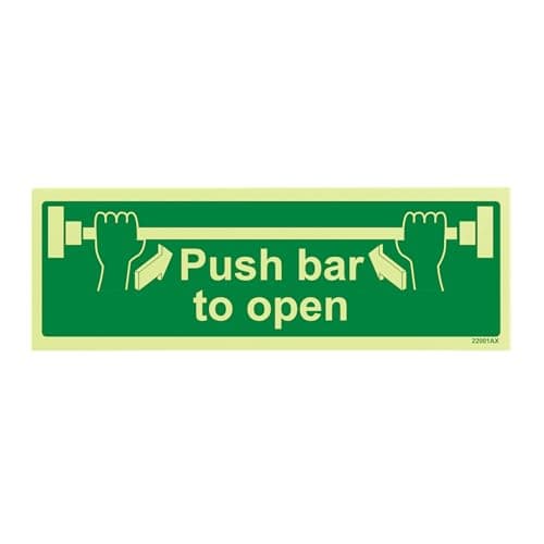 Image of V Safety Glow In The Dark Push Bar To Open Door Sign - 300mm x 100mm - Rigid Plastic