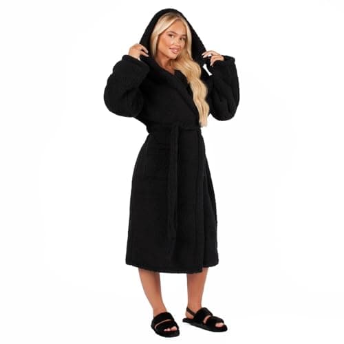 Image of OHS Womens Dressing Gowns Teddy Fleece Black, Warm Cosy Fluffy Dressing Gown Bathrobes Women Hooded Luxury Oversized Ladies Mens Dressing Gown, One Size