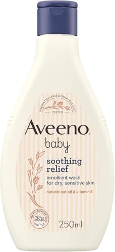 Image of Aveeno Baby Soothing Relief Emollient Wash (1 x 250ml), Unscented, Gentle and Tear-Free Baby Wash with Natural Oat Oil & Vitamin E, Skin Feels Moisturised for 24 Hours, for Dry, Sensitive Skin