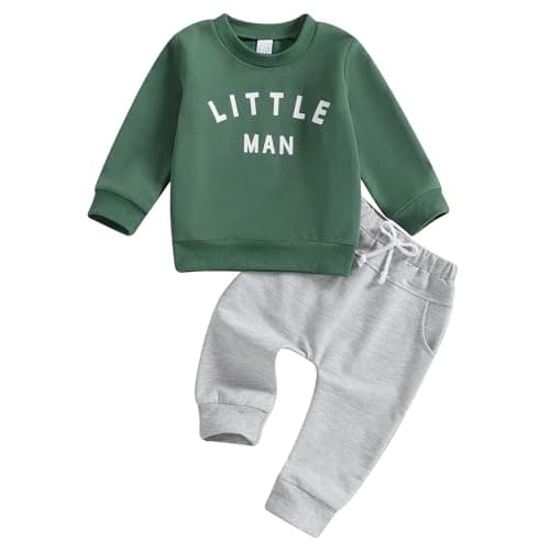Image of Geagodelia Toddlers Baby Boy Letter Print Shirt Long Sleeve Outfit Clothes Pullover Top Jumper Sweatshirt Pocket Pants Set (Green, 12-18 Months)