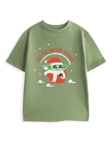 Image of Star Wars The Mandalorian Grogu Boys Green Short Sleeve Graphic Tee | 'Up to Snow Good' Holiday Top | Kids Christmas Wear | Seasonal T-Shirt | Unisex Kids Holiday Merch