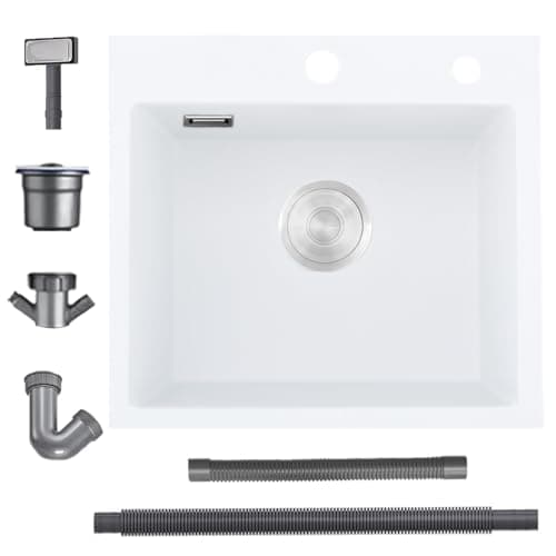 Image of Small Kitchen Sink, 50x45cm, Bokaiya Drop in Topmount Quartz Composite Kitchen Waste Kit, Deep Single Bowl Campervan Sink, with 2 Tap Holes (White)