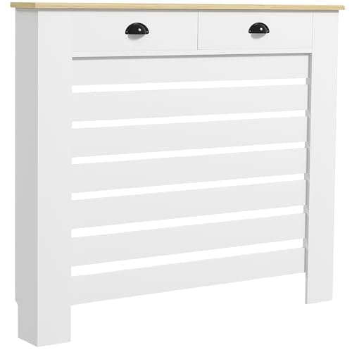 Image of HOMCOM Radiator Cover with Drawer, Horizontal Slatted Grill, White Painted MDF Wood Cabinet Shelf Heating Cover for Living Room Bedroom Hallway, Medium (H: 95.5 / W: 111 / D: 19 cm)