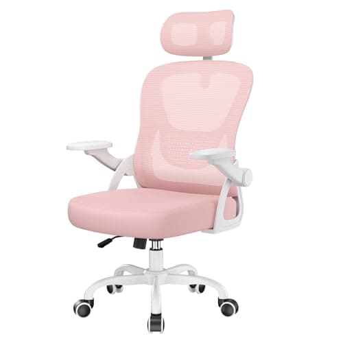 Image of naspaluro Office Desk Ergonomic Chair with Flip-up Armrests/Headrest/Back Support Comfy Computer Small Heavy Duty Swivel Chairs for Home Office Comfortable Pink Study Work Mesh PC Chairs & Stools