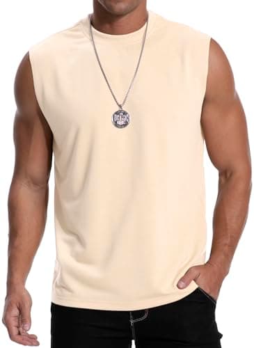 Image of MLANM Men's Vests Tops Sleeveless Round Neck Rolled Up Casual Loose Tank Tops, Lightweight Muscle Gym Summer Men's Sleeveless T-Shirt, 100% Polyester, Apricot L