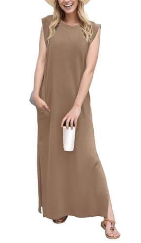 Image of GRECERELLE Summer Maxi Dress Wedding Guest Maternity Party Casual Shirt Elegant Sleeveless Dresses for Ladies with Split and Pockets (Light Coffee,M)