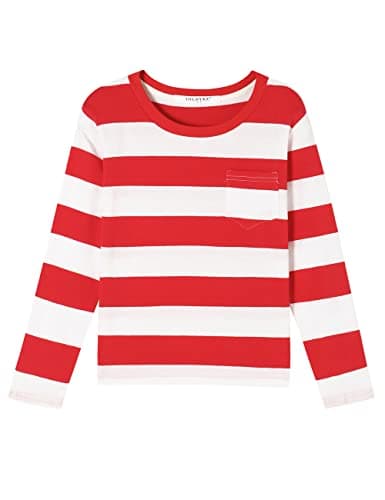 Image of Boys Girls Cotton Long Sleeve Striped T-Shirts Kid Tee Age 4T 5 6 7 8 9 10 11 12 Crew Neckline Shirt, Red and White, Age 13-14 Years