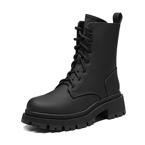 Image of DREAM PAIRS Women's Comfortable Chunky Mid Calf Boots, Stylish and Waterproof Slip Resistant Biker Combat Ankle Booties with Lace-Up Zipper Design,Size 7,Black/Silk Pu,SDMB2203W-E