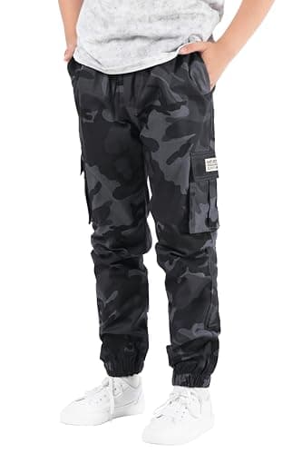 Image of NATUST Boys Cargo Trousers Kids Elastic Waist Joggers Multi Pockets Casual Pants Camo Grey 7-8 Years