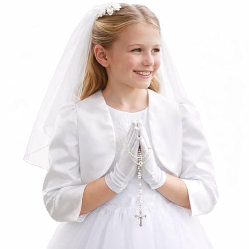 Image of Girls White Satin Jacket – Elegant Long Sleeve Occasion Jacket for Holy Communion, Flower Girl & Special Occasions (UK, Age, 11 Years, 12 Years, Regular, White)