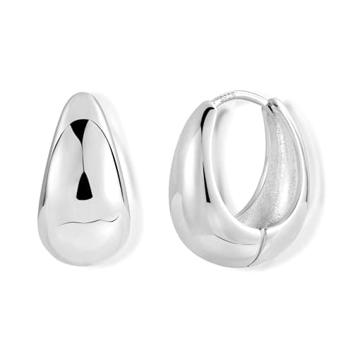 Image of Sterling Silver 925 Chunky Oval Hoop Earrings - Lightweight, Wide Thick, Small Cartilage Huggie Hoops for Women