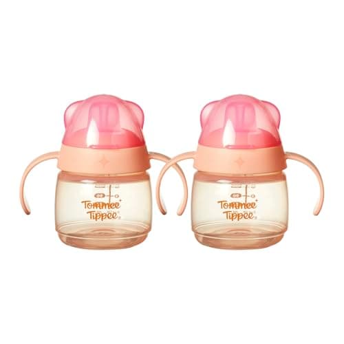 Image of Tommee Tippee Transition Baby Sippy Cup with Spout, Ages 4 Months and Up, 5 oz, Leak-Proof Silicone Spout, Easy Grip Handles, Pink, Pack of 2