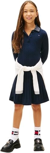 Image of Tommy Hilfiger Girl's MINI Cable Sweater Dress KG0KG08938 Sweater Dress, Blue (Dark Night Navy), 12 Years