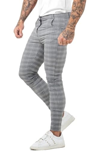 Image of GINGTTO Skinny Trousers Men Flex Smart Plaid Chinos Check Casual Stretch Pants Grey 34 Waist 30 Leg