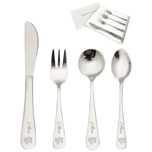 Image of Personalised Cutlery Set for Children Christening Gift for Boy Girls Knife Fork Spoon 4pcs Stainless Steel for Kids Toddler Cutlery Set Gifts in Gift Box Engraved Monkey Lion Giraffe Image 02