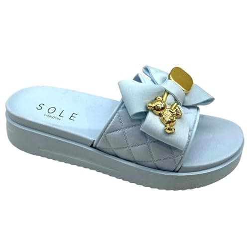 Image of sole london Ladies Mid Wedge Flatform Mules Sandals with Bow - Women's Footwear - Girl Comfort Summer Footwear_ BLUE 3