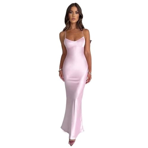 Image of ZHONGZD Women Maxi Dress Satin Strappy Backless Evening Party Dress Pink