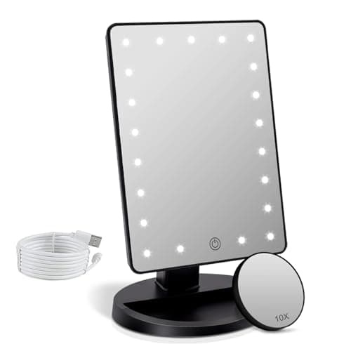 Image of FASCINATE Makeup Vanity Mirror with Lights, Lighted Makeup Mirror with Detachable 10X Magnification, 21 Led Dimming Touch Sensor, Dual Power Supply, 180° Rotation, Portable Cosmetic Mirror