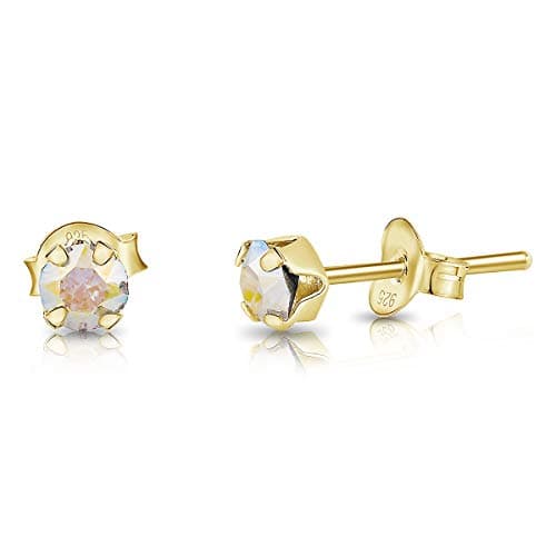 Image of DTPSilver - 925 Sterling Silver Yellow Gold plated Round TINY Stud Earrings made with Glittering Crystals from Swarovski® Elements - Diameter: 4 mm - Colour : Aurora Borealis