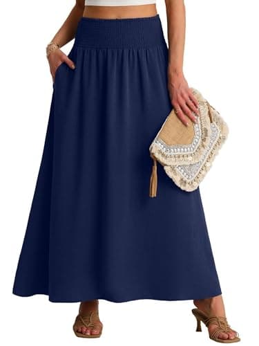 Image of QIXING Maxi Skirts for Women Smocked Elastic High Waisted Casual Boho Swing Pleated Beach Long Skirts with Pockets(Navy Blue, L)